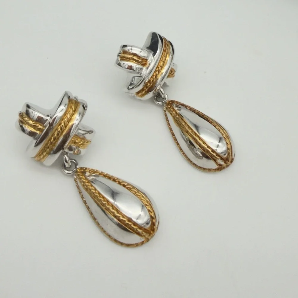 Vtg X Drop Silver Gold Tone Rope Teardrop Dangle Earrings Designer PD Nice